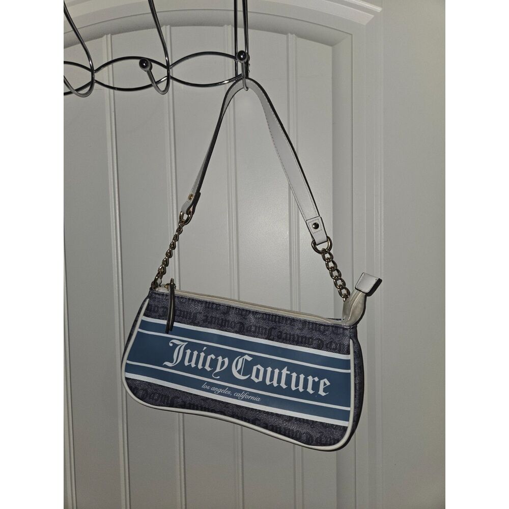 Juicy Couture Blue White Shoulder Bag Logo Print Chain Strap Y2K Purse